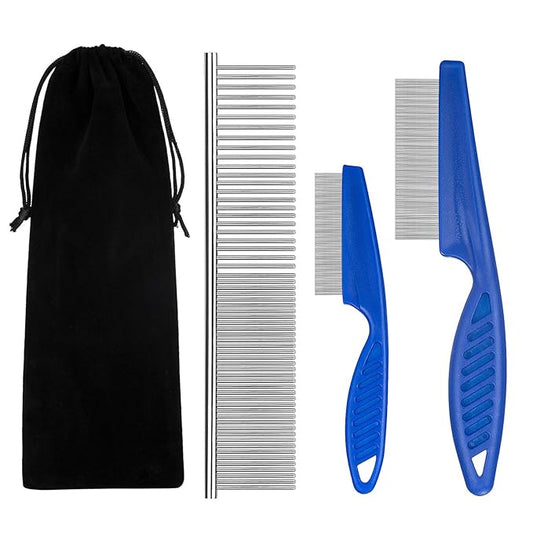 Flea Comb for Cats Dog Comb Lice Comb Metal Teeth Durable Tear Stain Dog Combs Remove Float Hair Combing Tangled Hair Dandruff Pet Comb Grooming Set 3 Pieces Add Storage Pouch (Blue)