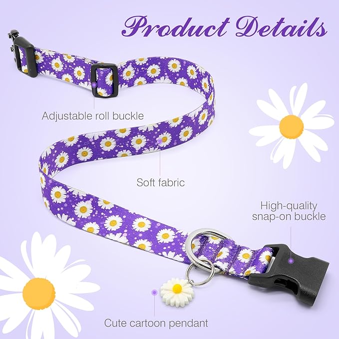 BiPawTi Floral Dog Collar for Girl Boy - Dog Collars Cute Flower Puppy Collar for Extra Small Dog, Soft Adjustable Dogs Collar for Small Dogs with Pretty Daisies Charms (XS, Purple)