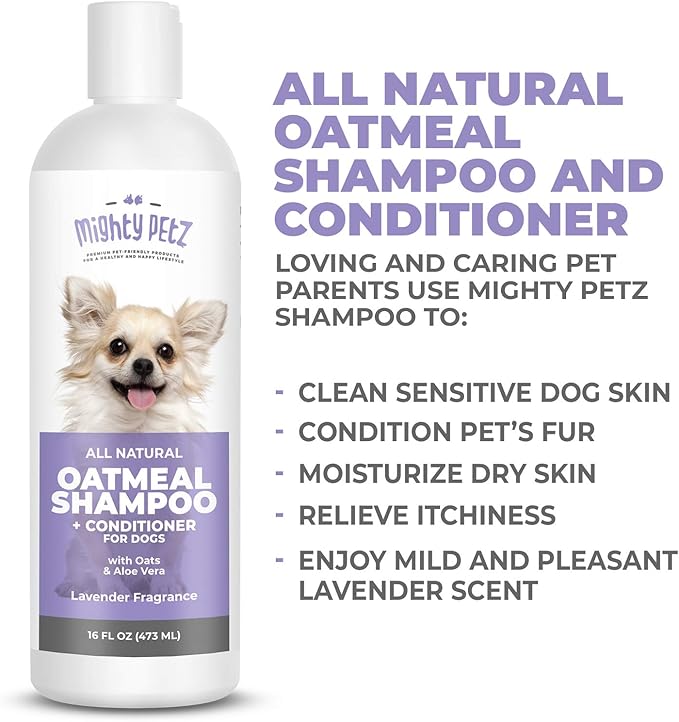 Mighty Petz 2-in-1 Oatmeal Dog Shampoo and Conditioner – 16 oz Natural Support for Allergies, Itchy Sensitive Skin. Moisturizing & pH Balanced for Dogs with Oatmeal and Aloe Vera
