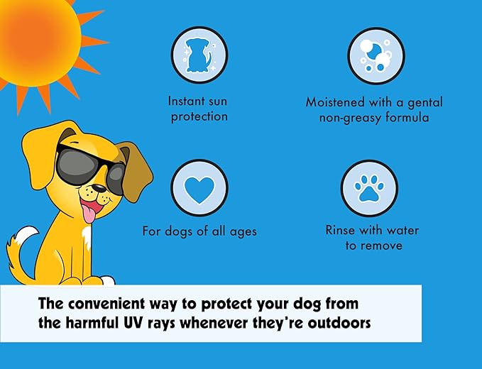 Petkin Dog Sunscreen Sunwipes - Sunscreen for Dogs, SPF 15 - Simply Wipe on Anytime for Instant Sun Protection - Includes 20 Jumbo Size Wipes, Vanilla Coconut Scent - Ideal for Home or Travel