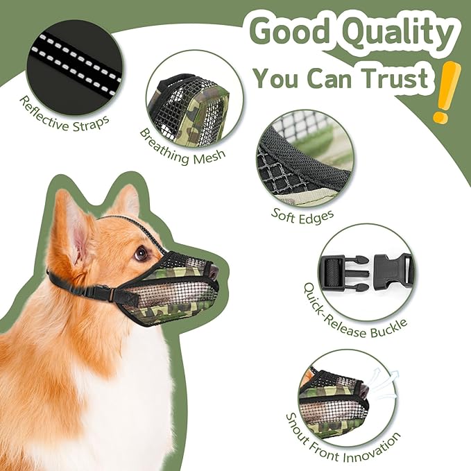 Dog Muzzle for Large Medium Small Dogs, Soft Mesh Muzzle for Dogs with Reflective Adjustable Strap, Prevent Biting Chewing and Licking, Dog Nose Open Design for Reduction Friction (Camo, S)