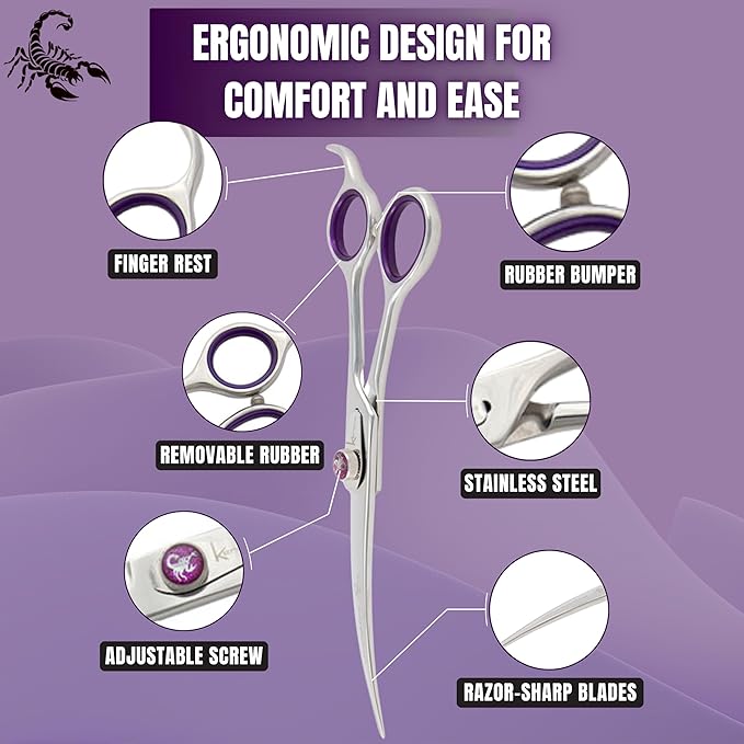 Kenchii Scorpion Dog Grooming Scissors, 7 Inch Curved Shears, Dog Scissors for Grooming, Professional Pet Grooming Scissors, Heavy Duty, Durable and Sharp
