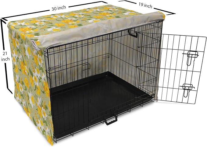 Lunarable Daffodil Dog Crate Cover, Vintage Inspirations Floral Arrangement Pattern Romantic Bouquet Nature, Easy to Use Pet Kennel Cover for Cats & Medium Dogs, 30 Inch, Green Marigold White