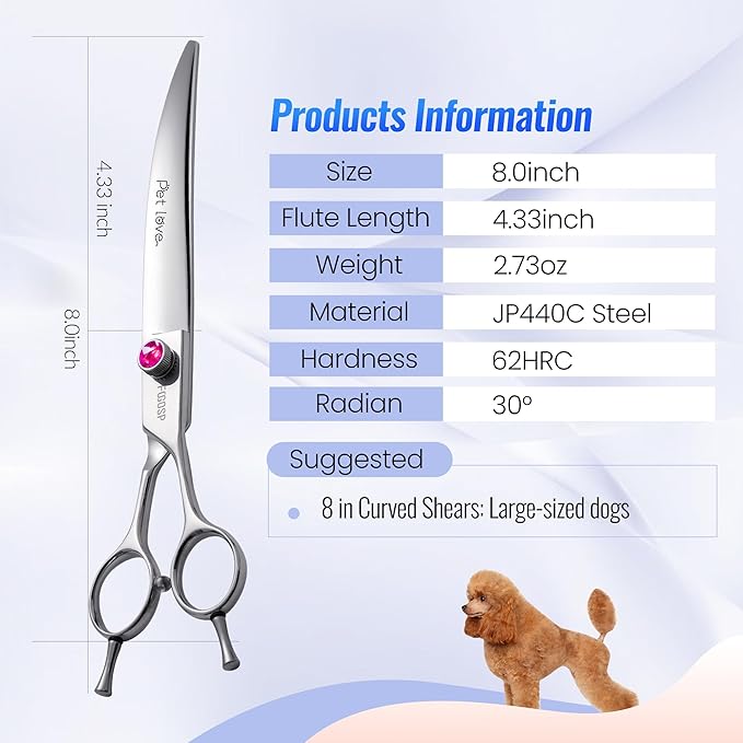 Curved Scissors for Dog Grooming Professional 8 inch Long Downward Curved Shears Dog Grooming for Poodle Large Dog Pet 30°Japanese 440C Stainless Steel Right Handed(8.0'',Curved)