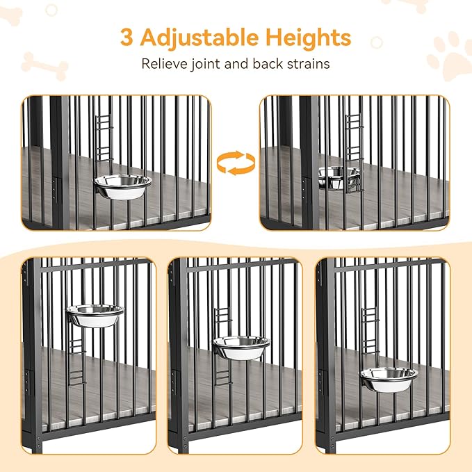 GAOMON 48" Dog Kennel Furniture for Large Dogs,Large Dog Crate, Wooden Heavy Duty, Dog Crate Indoor with Adjustable Height Bowls, 48" L X 29.9" W X 44.3" H,Grey