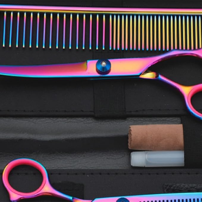 Pet Grooming Scissors Set, 7 in 1 Dog Grooming Scissors Set with Storage Box, Includes Straight & Thinning & Curved Scissors