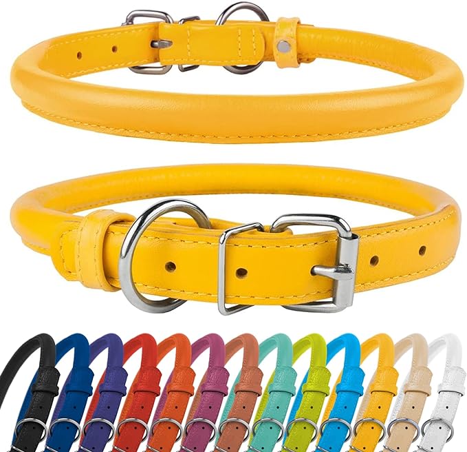 CollarDirect Rolled Leather Dog Collar, Soft Padded Round Puppy Collar, Handmade Genuine Leather Collar Dog Small Large Cat Collars 13 Colors (15-19 Inch, Yellow Textured)