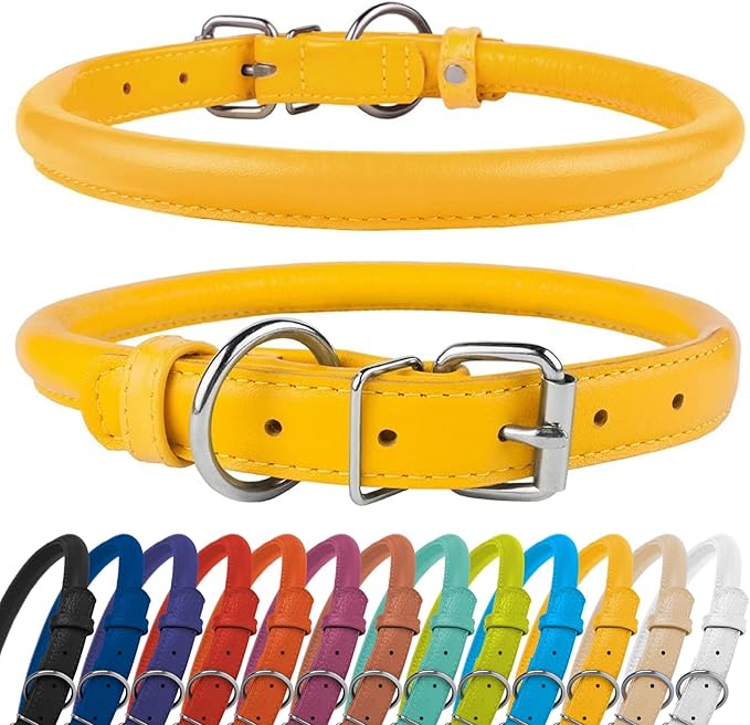 CollarDirect Rolled Leather Dog Collar, Soft Padded Round Puppy Collar, Handmade Genuine Leather Collar Dog Small Large Cat Collars 13 Colors (18-22 Inch, Yellow Textured)