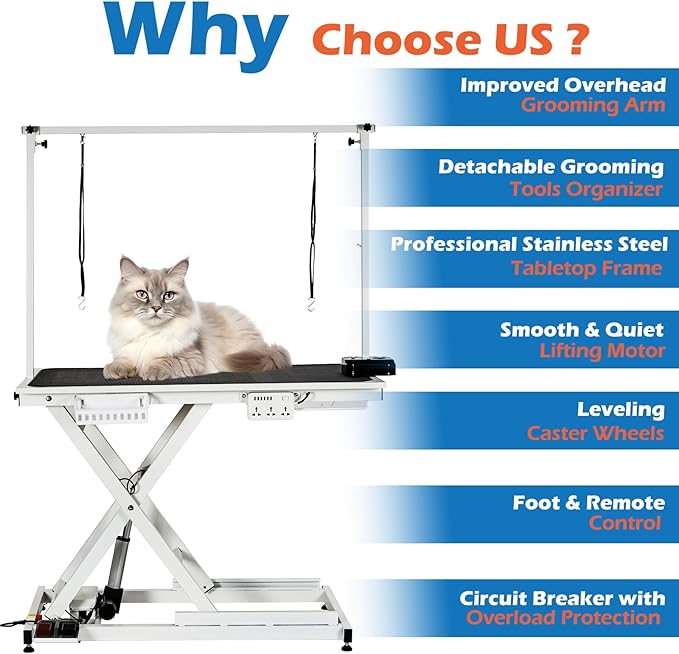 Professional Electric Dog Grooming Table Heavy Duty Pet Grooming Table Height Adjustable w/Leveling Wheels, Dog Grooming Arm, Anti Slip Tabletop &Tool Organizer, Dog Grooming Station 50" White