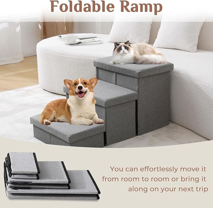 JOLLYVOGUE Dog Steps for Small Dogs, Cat Stairs with Storage, Non-Slip Dog Steps for Beds Couches, Folding Pet Stairs Helper for High Beds, Dog Ramp for Small Dogs and Cats or Pets Friendly, 4-Tiers