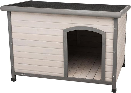 Trixie Natura Classic Dog House Small Outdoor Wooden Dog House with Weatherproof Sealer & Hinged Roof, Adjustable Legs for Small Dogs in Grey 23.75 x 33.5 x 23 in