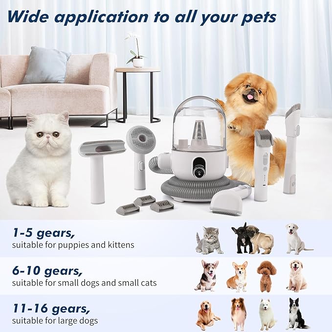 Dog Grooming Kit with 2L Dust Cup, Professional Low Noise Pet Grooming Vacuum Kit Suction 99% Pet Hair with 5 Grooming Tools for Dogs Cats and Other Animals Grey