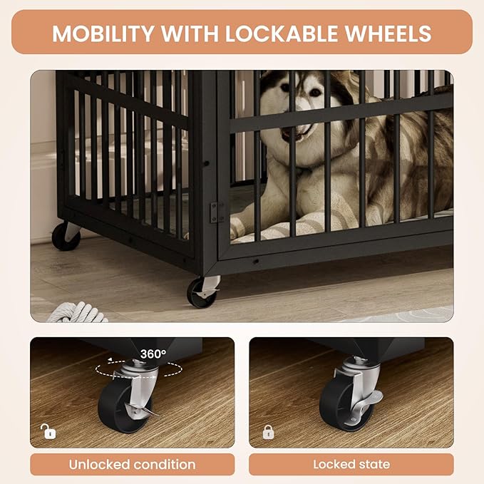 Furniture Style Dog Crate,Wrought Iron Frame with Side Openings,Wheels,Flip-Up Top,Durable and Stylish Pet Kennel for Home Use,Grey