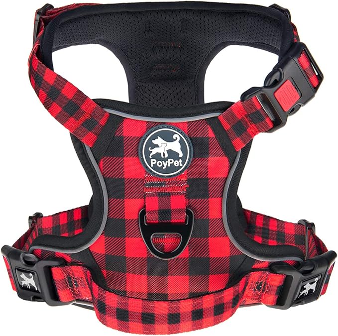 PoyPet No Pull Dog Harness, [Release at Neck] Reflective Adjustable No Choke Pet Vest with Front & Back 2 Leash Attachments, Soft Control Training Handle, Plaid(Checkered Red, M)