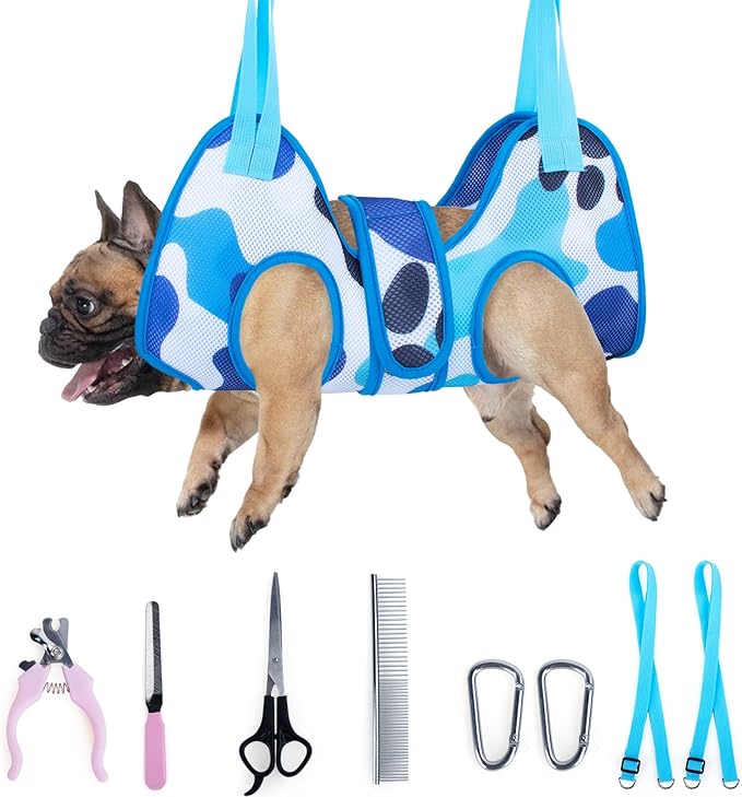 Pet Grooming Hammock Harness for Cats & Dogs - Relaxation Pet Restraint Leashes Sling - Nail Clippers & Scissors Included