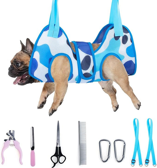 Pet Grooming Hammock Harness for Cats & Dogs - Relaxation Pet Restraint Leashes Sling - Nail Clippers & Scissors Included