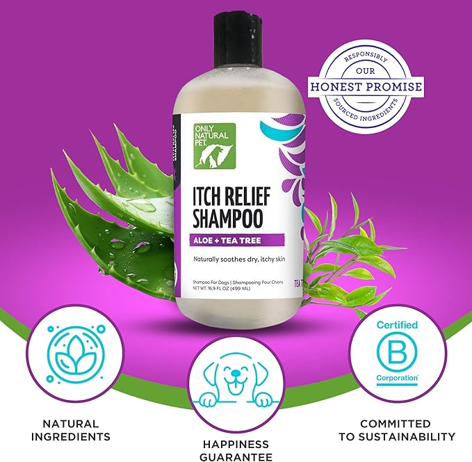 Only Natural Pet Itch Relief Shampoo with Aloe + Tea Tree for Dogs, Oatmeal Dog Shampoo for Dry Itchy Skin Allergies, Anti Itch Sensitive Skin No Sulfates, Parabens, Phosphates, Phthalates - 16.9 Oz