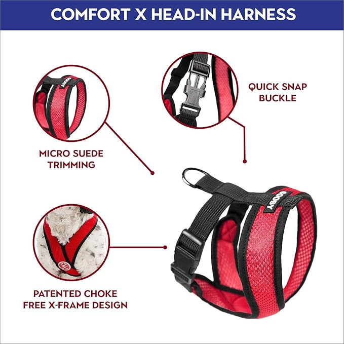 Gooby Comfort X Head in Harness - Red, Medium - No Pull Small Dog Harness, Patented Choke-Free X Frame - Perfect on The Go Dog Harness for Medium Dogs No Pull or Small Dogs for Indoor and Outdoor Use