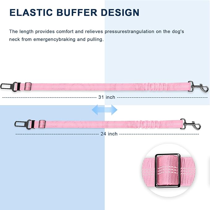 Dog Seat Belt for car, 3 Piece Set Retractable Dog Car Harness 2 Pack Adjustable Seatbelt for Dog in car, Nylon Pet Safety Seat Belts Tether Heavy Duty and Reflective Dog car Leash, Pink