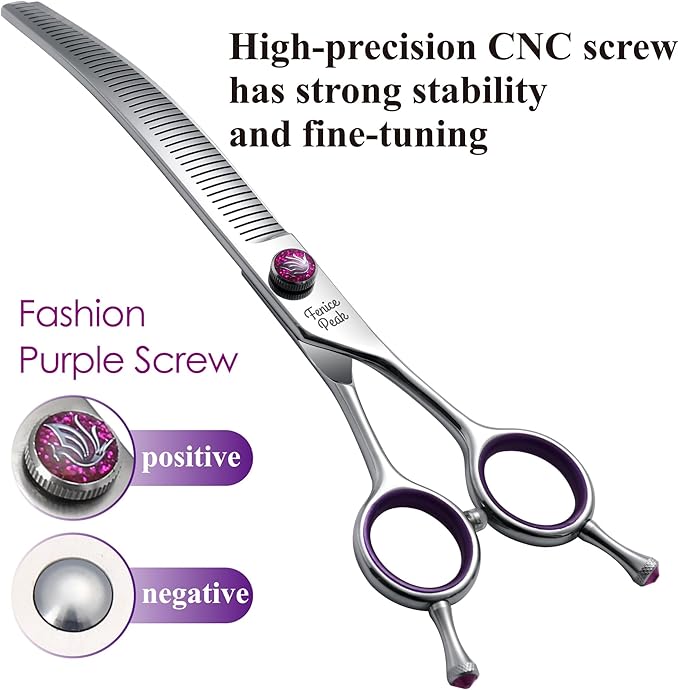 Fenice Peak 6.5'' Fluffy Dog Grooming Scissors Professional 440C Curved Thinning Shears 55% Thinning Rate and 30°Curved Sharp and Durable with Decorative Screws & Tails