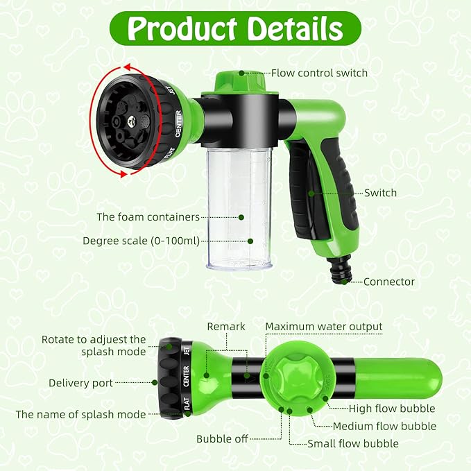 Rypet Dog Wash 7 Pieces Pet Bathing Tool Set Includes Expandable Hose Nozzle Foam Sprayer Connector Dog Rubber Brush for Bathing Pets, Washing Cars and Watering Plants