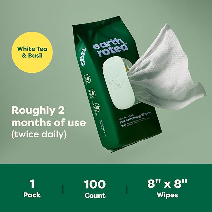Earth Rated Pet Grooming Wipes for Dogs and Cats, Hypoallergenic, 3-in-1 Cleaning, Deodorizing and Hydrating, for Paws, Body and Butt, New White Tea and Basil Scent, 100 Count