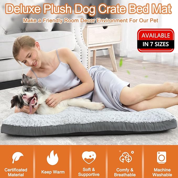 POCBLUE Deluxe Washable XXL Dog Bed Dog Crate Mat 48 inch Comfy Fluffy Kennel Pad Anti-Slip for Dogs Up to 110 lbs, 48" x 30", Grey