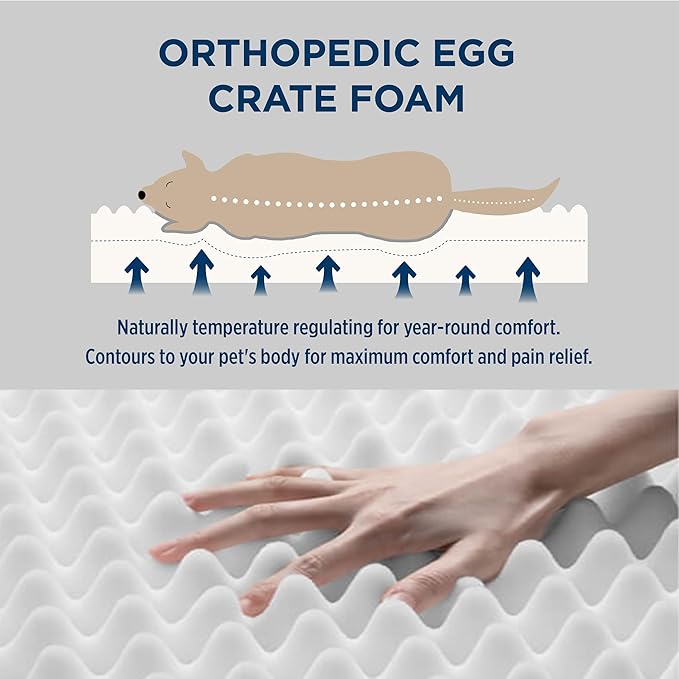 Bedsure Large Patterned Dog Bed for Large Dogs, Outdoor Waterproof Orthopedic Egg Foam Dog Bed Comfort Pet Mats for Crate with Removable Washable Cover(35"x22", Navy Blue)