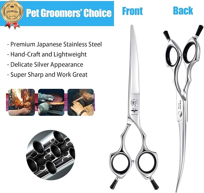 PURPLEBIRD 6.5 Inch Downward Curved Dog Grooming Scissors Pet Cutting Shears Professional Safety Blunt Tip Trimming Shearing for Dog Cat Face Paw Limb Japanese Stainless Steel Silver