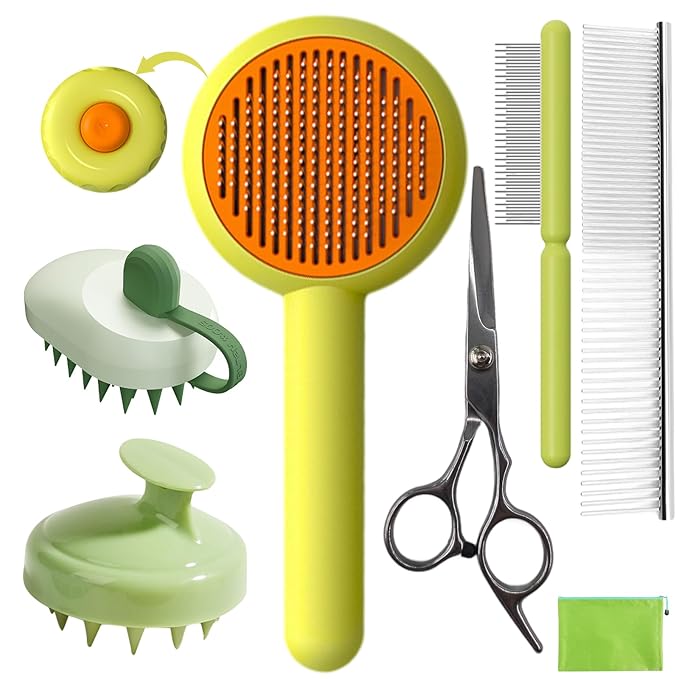 Dog Grooming Set: 7 PCS Deshedding Brushes for Short & Long Haired Dogs and Cats - Scrubber Shower Brush, Dematting Comb, Scissors, Orange