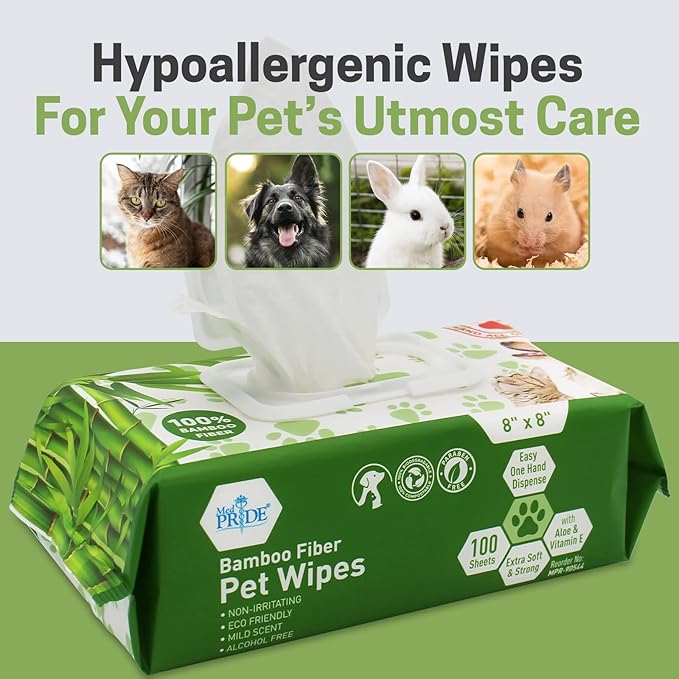 MED PRIDE 100% Bamboo Fiber Hypoallergenic Dog Wipes for Paws and Butt, Alcohol & Paraben-Free, Deodorizing, 8”X8”, 800 Wipes