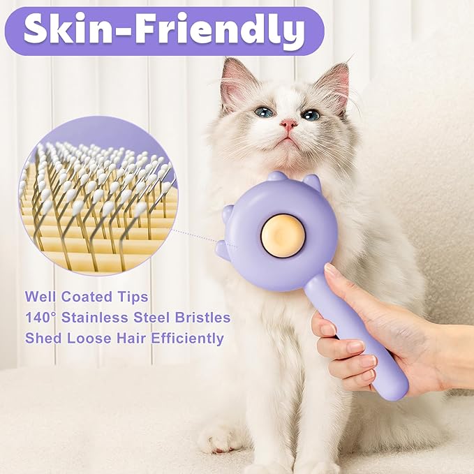 Paw Cat Brush with Release Button, Self Cleaning Cat Brush for Shedding, Cat Hair Brush for Grooming Long and Short Haired Cats Dogs (Purple)