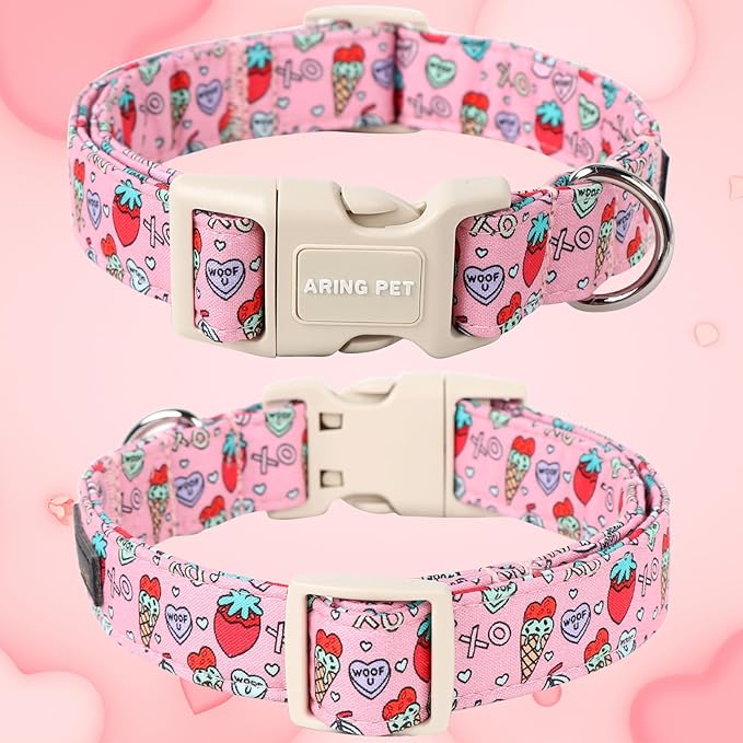 ARING PET Valentine's Day Dog Collar-Cotton Pink Girl Dog Collars, Adjustable Valentine Pet Collars Puppy Collar with Quick Release Buckle for Girl&Boy Dogs