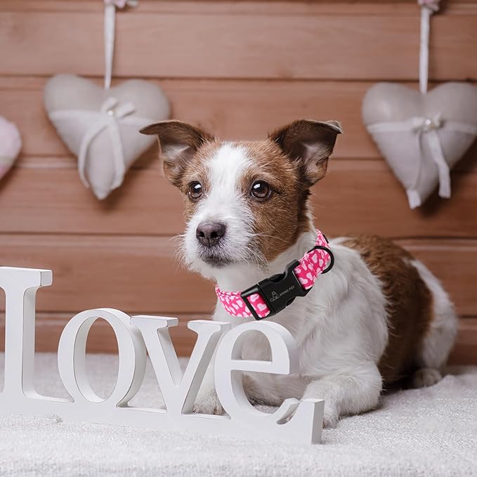 ARING PET Valentine's Day Dog Collar-Cotton Pink Heart Dog Collars, Adjustable Valentine Heart Pet Collars Puppy Collar with Quick Release Buckle for Girl&Boy Dogs