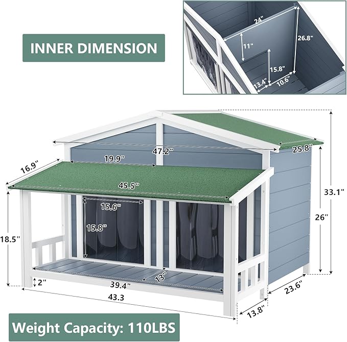 KELRIA 47.2" Dog House, Waterproof Dog Kennel, Wooden Outdoor and Indoor Dog House, Log Cabin Style with Porch,Elevated Floor, 2 Doors, Pine Wood + Green
