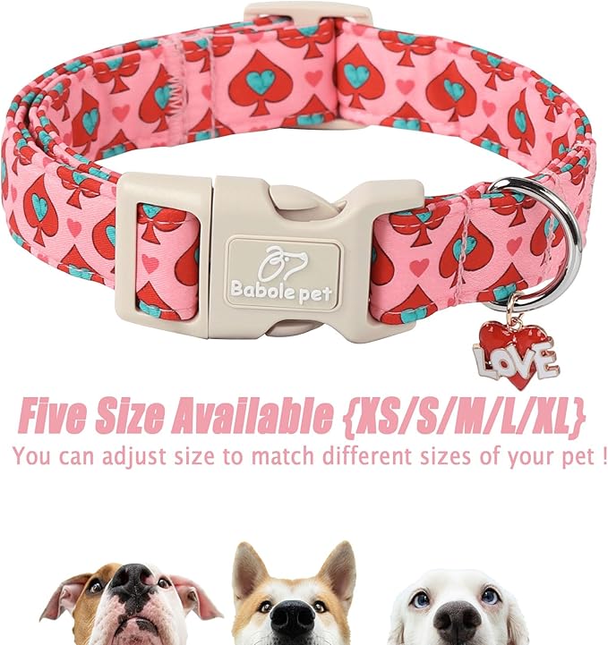 Valentine's Day Dog Collar - Cute Pink Valentines Dog Collar Girl Boy Durable Adjustable Spade Heart Pattern Charm Dog Collars for Small Medium Large Dogs XS