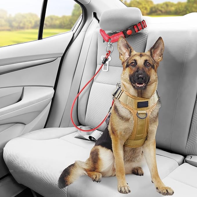 Chew Proof Dog Car Seat Belt, 2 in 1 Steel Cable Dog Car Accessories Headrest Restraint Dog Car Seatbelt for Medium Large Dogs Chewer Heavy Duty Dog Seatbelts for Cars Swivel Attach