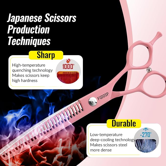 Curved Chunkers Dog Grooming Scissors 7.5" Macarone Series Professional Pet Grooming Shears for Large Dogs Pets Japan 440C Stainless Steel Sharp & Durable(Pink, 30Teeth Curved Thinners)
