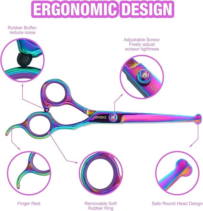 Professional Dog Grooming Scissors with Safety Round Tips, 5 in 1 Dog Grooming Scissors Set, 4CR Stainless Steel Pet Grooming Shears for Dog, Cat,Sharp and Sturdy, Rainbow