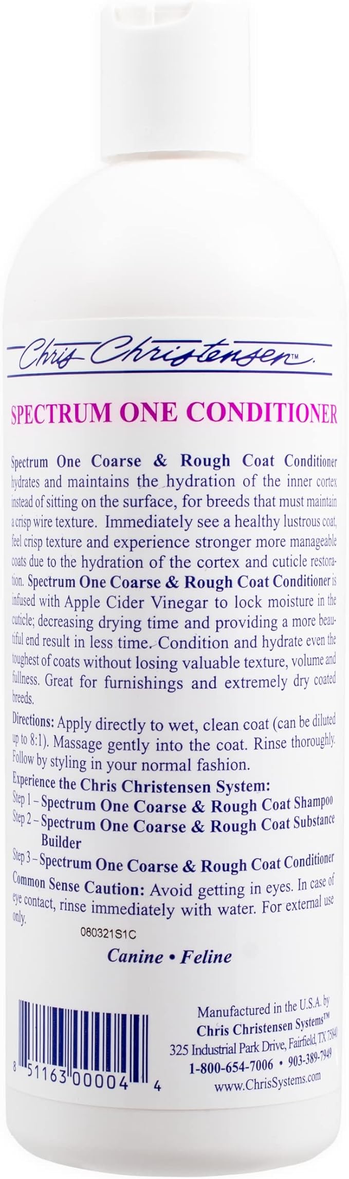 Chris Christensen Spectrum One Dog Conditioner, Coarse and Rough Coat, Groom Like a Professional, Repairs and Protects, Maintains Inner Cortex Hydration, Made in The USA, 16 oz