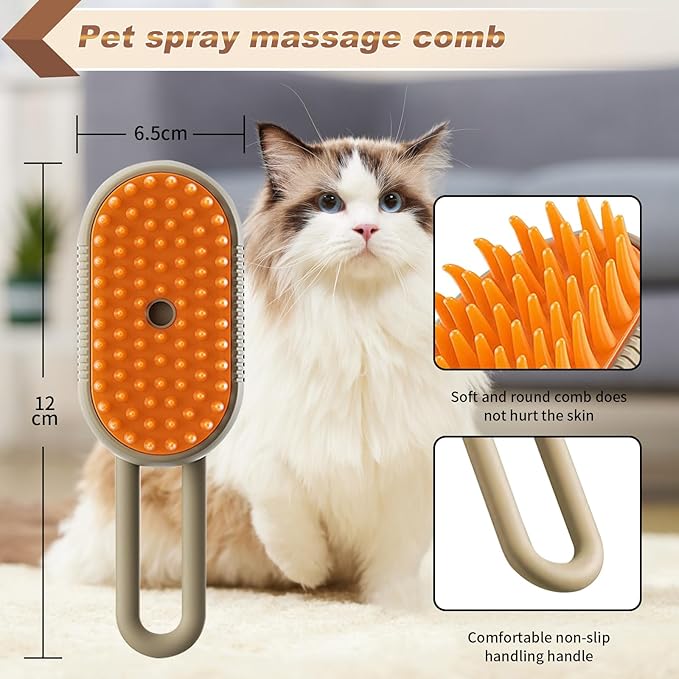 Steam Brush for Cats & Pets - 3 In 1 Steamer for Grooming, Deshedding, and Taming Animal Fur (Brown)