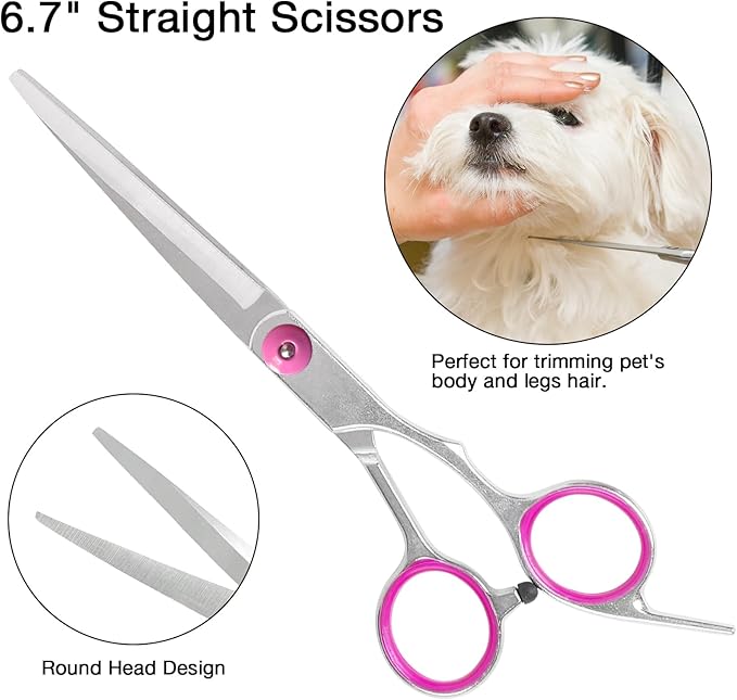 Premium Dog Grooming Scissors with Safety Round Tips, 5 in 1 Dog Grooming Scissors Kit, 4CR Stainless Steel Premium Pet Grooming Shears for Dog, Sharp and Durable, Pink