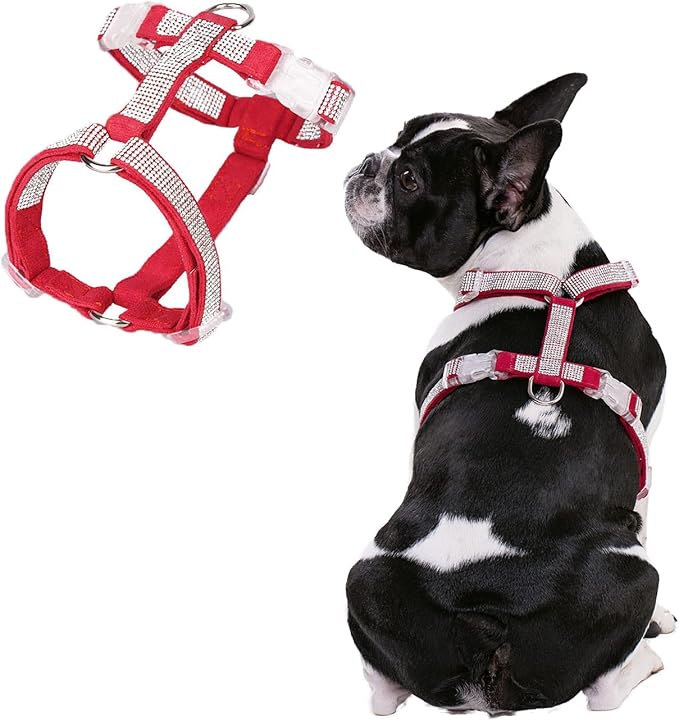 Dog Reflective Rhinestone Harness, No Pull Adjustable D-Ring Harness Walking Harness for Small Meduim Large Dog(Red,S)