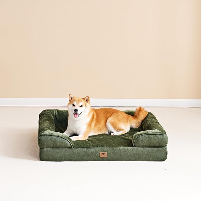 EHEYCIGA Orthopedic Dog Bed for Medium Dogs, Waterproof Memory Foam Medium Dog Beds with Sides, Non-Slip Bottom and Egg-Crate Foam Medium Dog Couch Bed with Washable Removable Cover, Dark Green