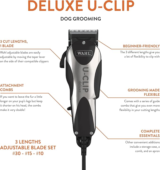 Wahl Pro Animal Deluxe U-Clip - Dog & Cat Trimmer with 3 Cutting Lengths & 7 Attachment Combs - Premium Grooming Tools for Light & Medium Coats - Black & Chrome