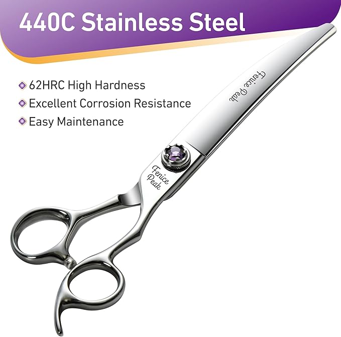 Fenice Peak 7 inch Curved Dog Grooming Scissors Professional Dog Shears Made of Japanese 440C Stainless Steel with Jewelled Screw Trimming Cutting Scissors Durable and Sharp