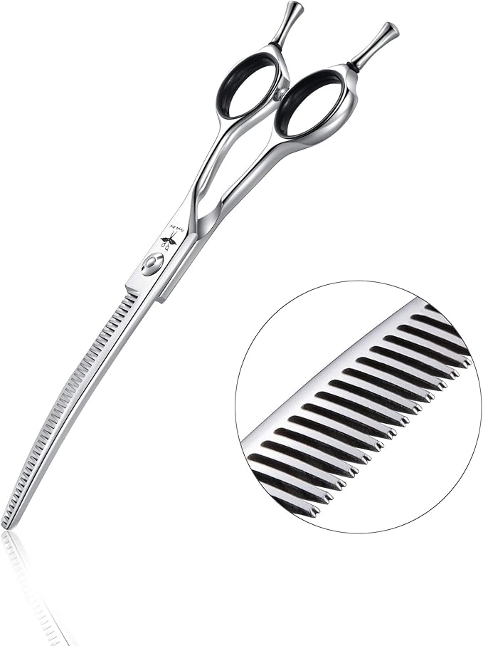 PURPLEBIRD 6.5 Inch Downward Curved Dog Grooming Scissors Pet Thinning Texturizing Shears Professional Safety Blunt Tip Trimming Shearing for Dogs Cats Face Paws Limbs Japanese Stainless Steel Silver