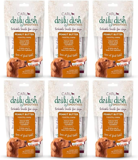 Caru - Daily Dish Smoothies - Lickable Peanut Butter Dog Treat - .5oz Tubes - 4 Pouches Per Pack - Pack of 6