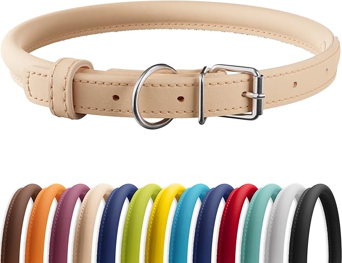 CollarDirect Rolled Leather Dog Collar, Soft Padded Round Puppy Collar, Handmade Genuine Leather Collar Dog Small Large Cat Collars 13 Colors (11-14 Inch, Beige Smooth)