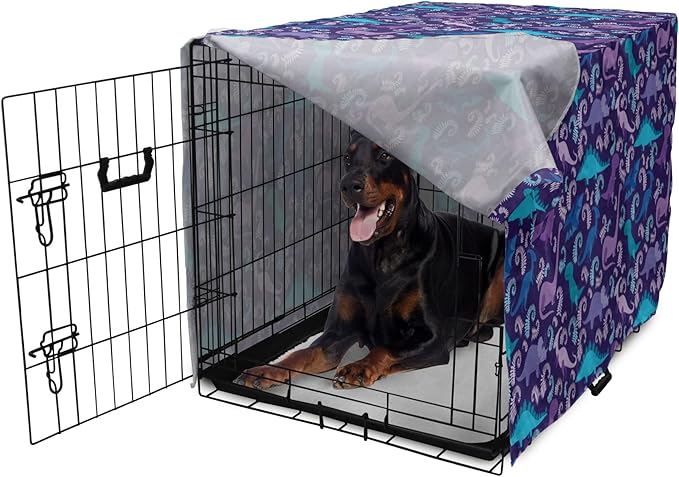 Lunarable Jurassic Dog Crate Cover, Abstract Cartoon Dinosaur Pattern Ferns Caricature Style Creatures Prehistoric, Easy to Use Pet Kennel Cover for Medium Large Dogs, 42 Inch, Blue Purple